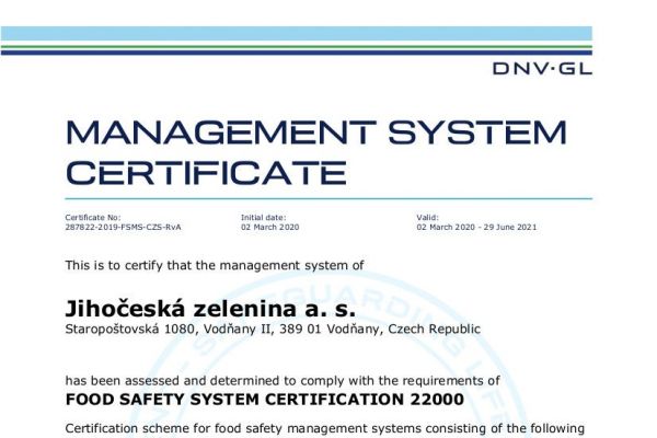 Certifikace systému managementu bezpečnosti potravin